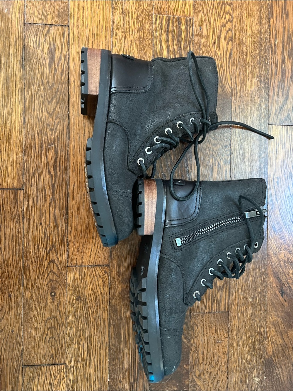UGG Black Leather & Suede Lace-Up Combat Boots with Side Zipper